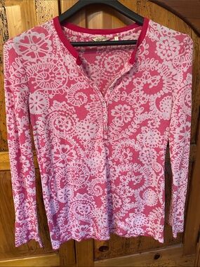 True Grit Hot Pink and White Floral Henley Top